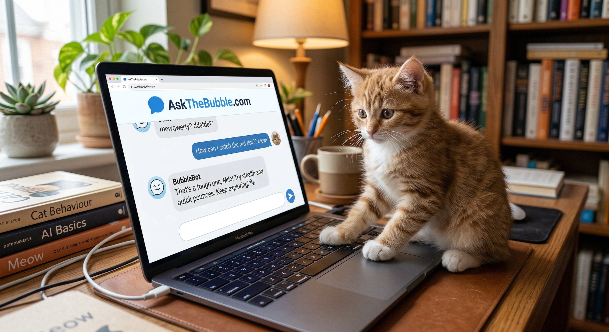 Studio cat sitting at a laptop, deeply invested in the next web design project