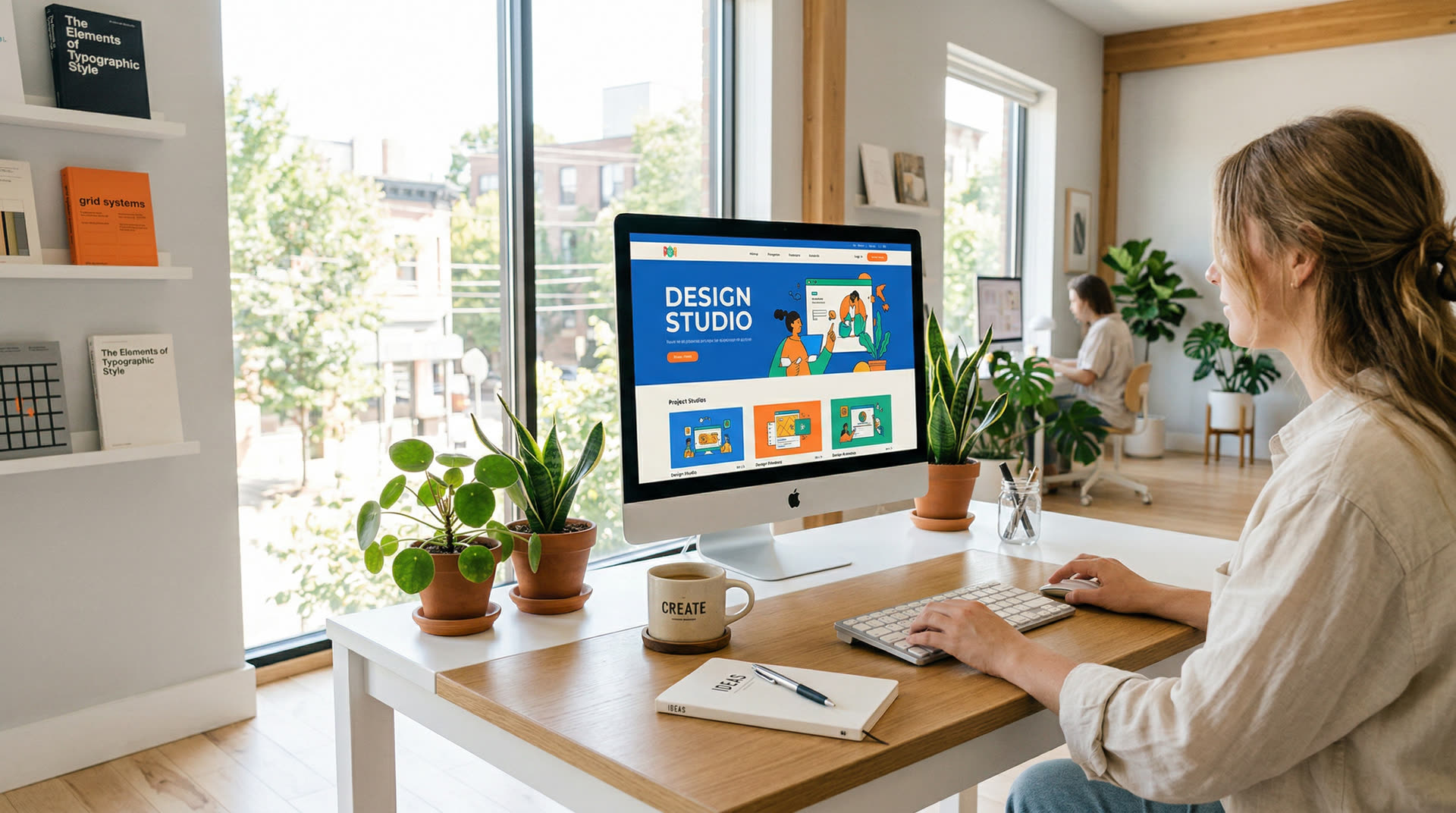 Designer working at a bright studio, creating a custom website for a Plano business