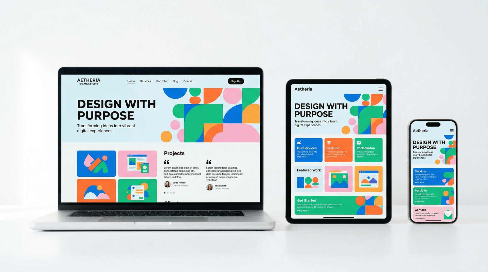 Multi-device mockup showing a responsive e-commerce website on desktop, tablet, and phone
