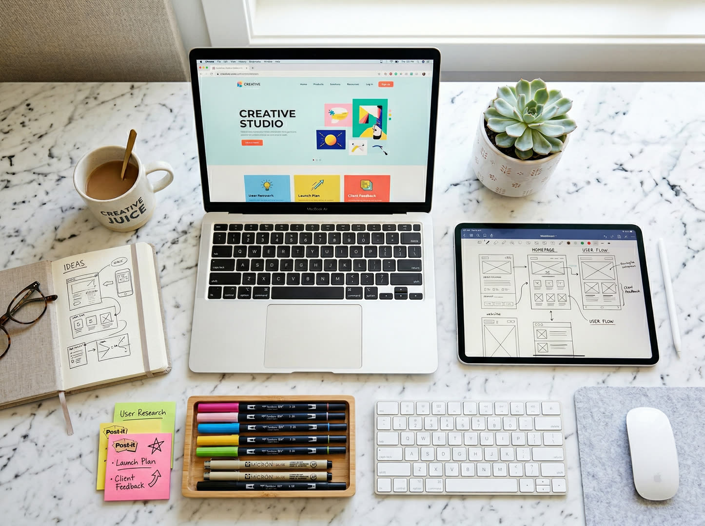 Flat-lay of design workspace with sketchpad, color swatches, and laptop showing a website mockup